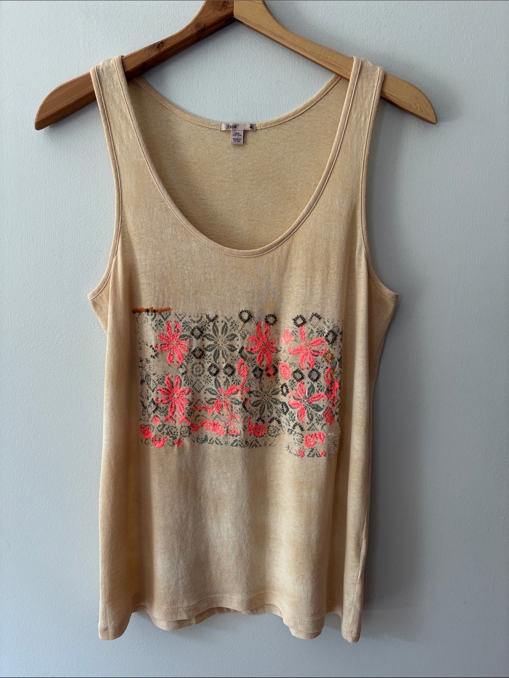 J Crew Beaded Embroidered Tank Top Garment Dyed Tan Size Medium